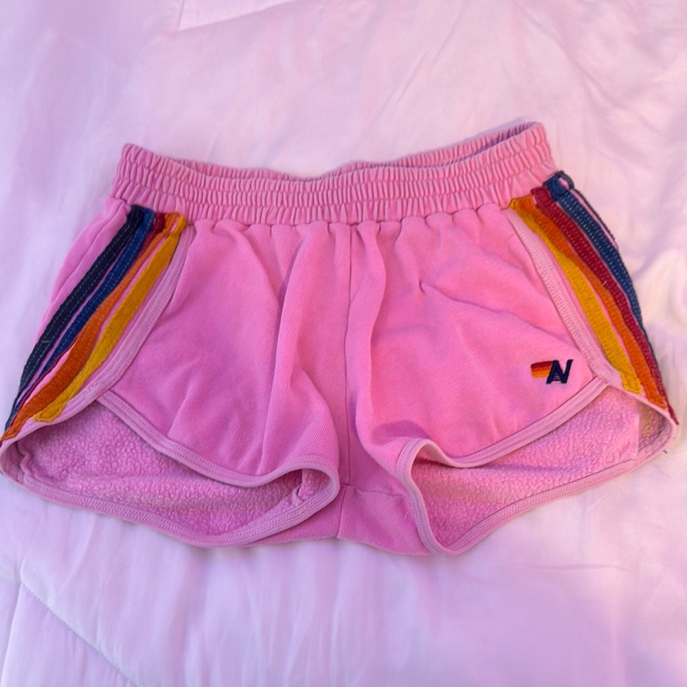 Aviator Nation Pink Athletic Shorts with Rainbow Accents